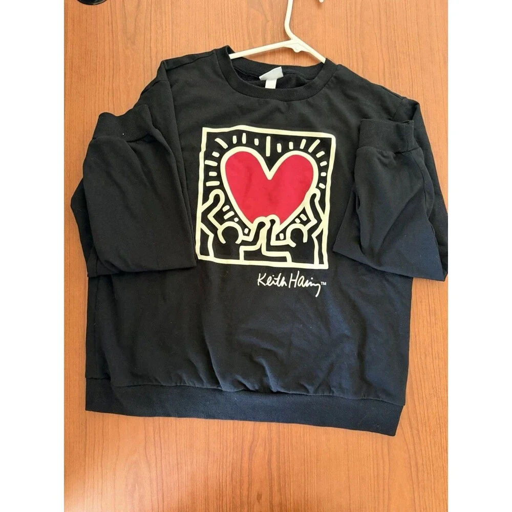 Keith Haring Heart Graphic Sweatshirt Black Crewneck Unisex M Medium 60/40 Blend